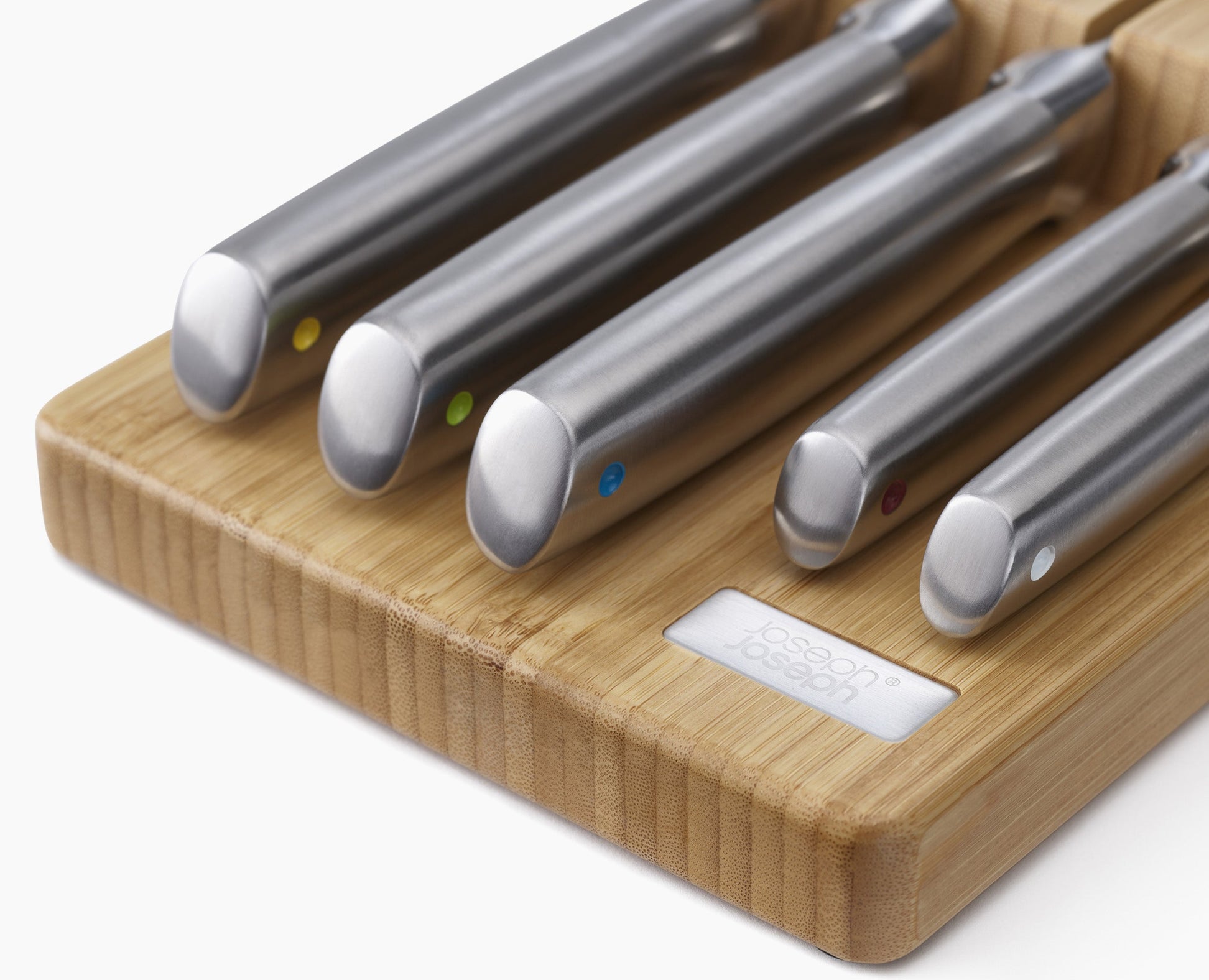 Joseph & Joseph, Set di coltelli in acciaio Elevate™ con vassoio portaoggetti da cassetto in bambù
