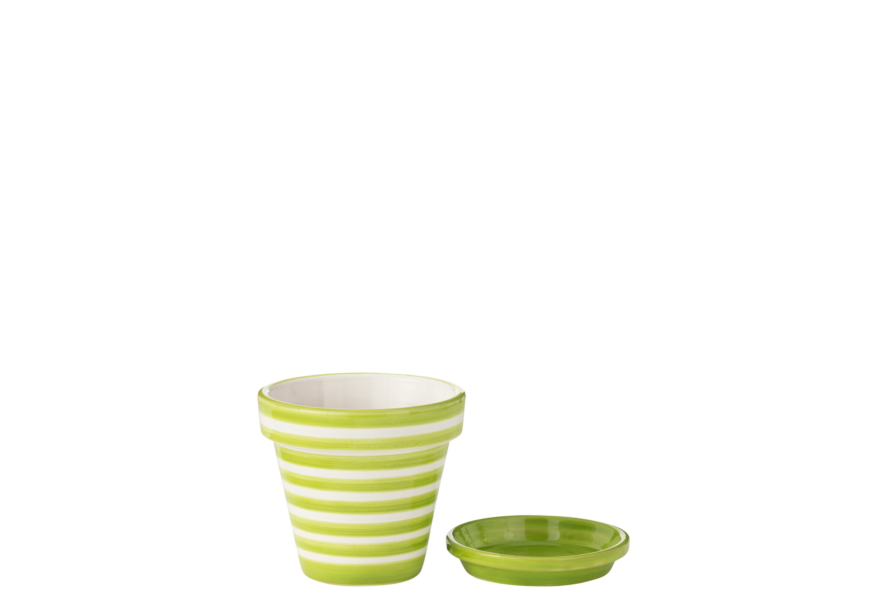 Vaso da fiori + piattino Granada Stripes, ceramica dipinta a mano, verde, S