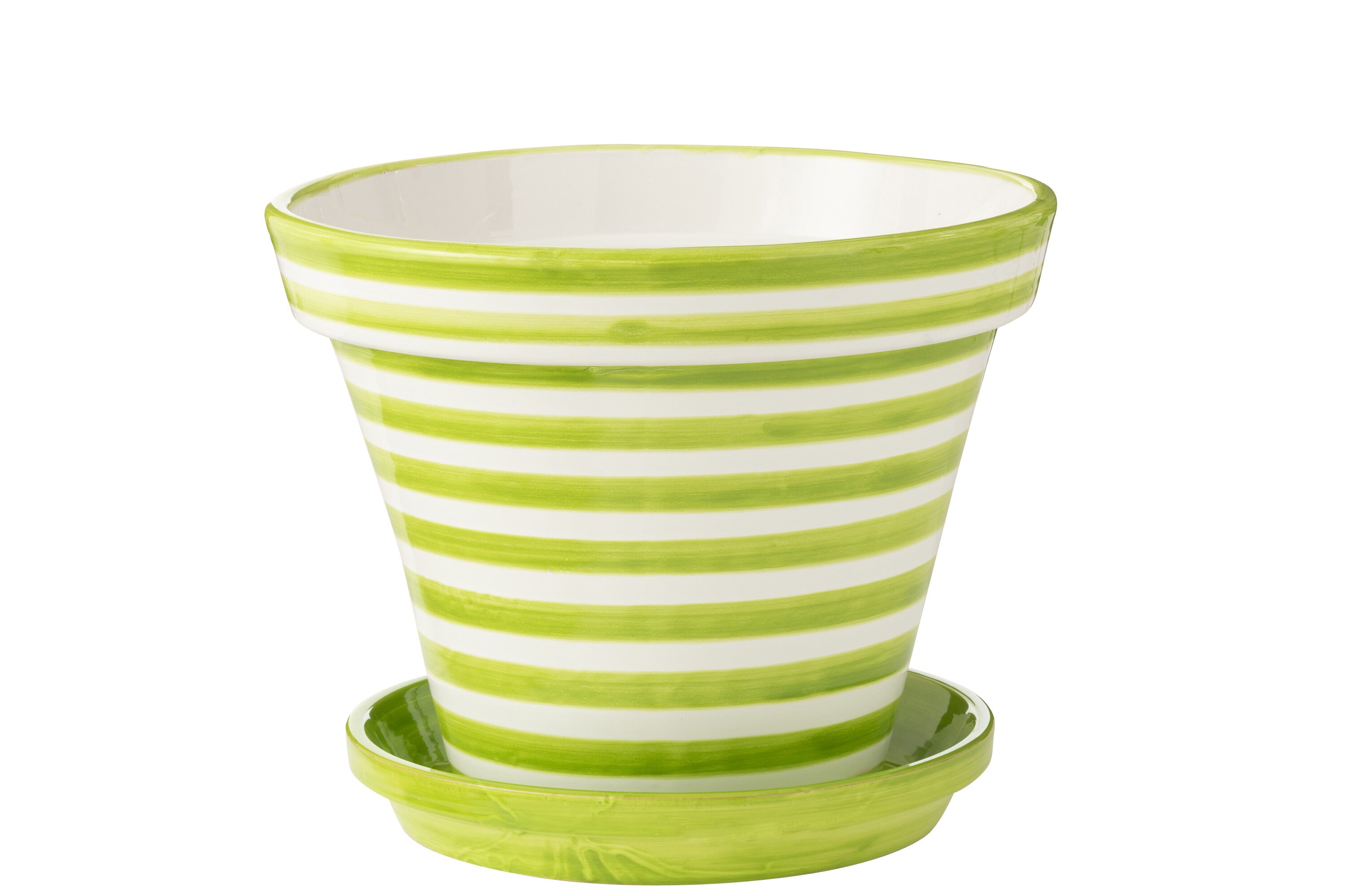 Vaso da fiori + piattino Granada Stripes, ceramica dipinta a mano, verde, XL