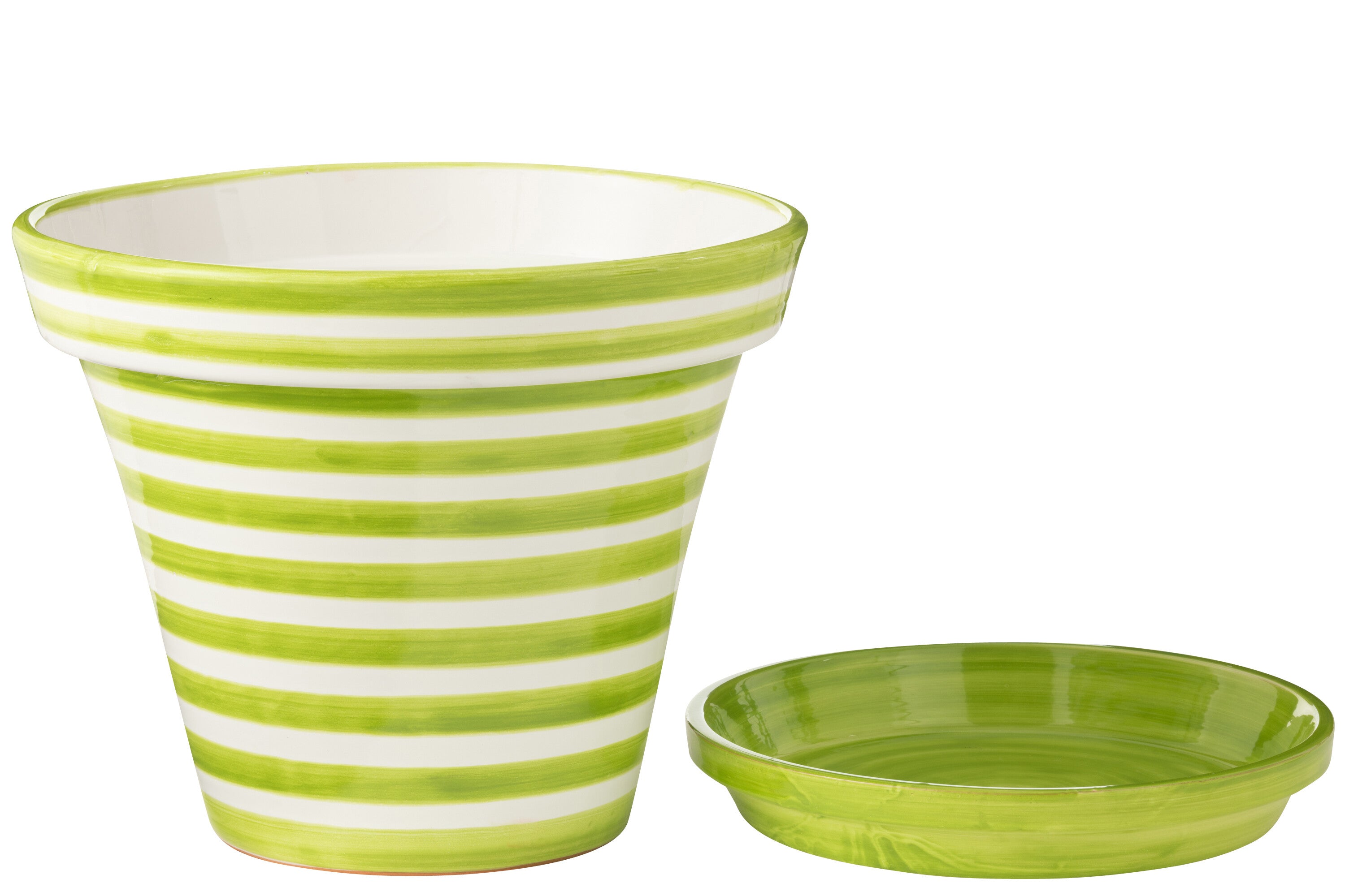 Vaso da fiori + piattino Granada Stripes, ceramica dipinta a mano, verde, XL