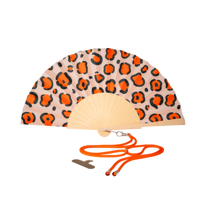 Ventaglio in legno e tessuto con laccio. Decoro LEOPARDATO.