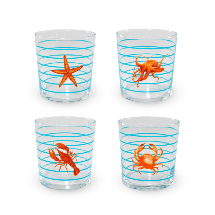 Set 4 bicchieri in vetro decorati 300 ml. Decoro MARE AZZURRO.