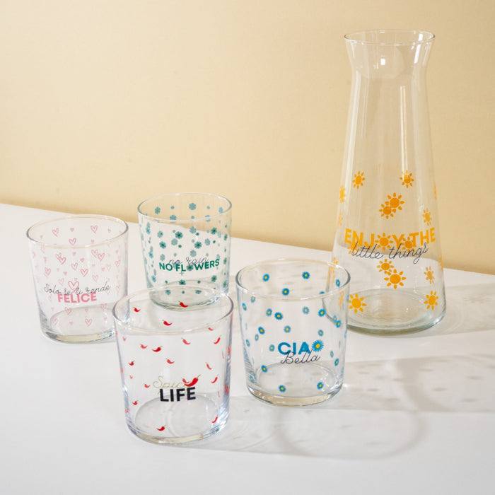 Set 4 bicchieri in vetro decorati 300 ml. Decoro SCRITTE.