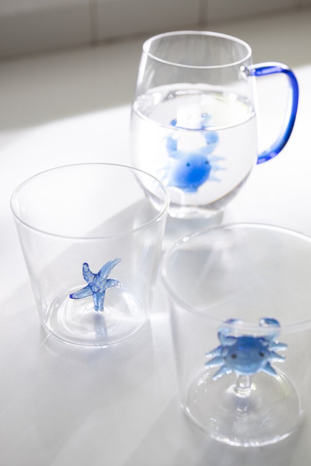 Bicchiere Stella Marina/Granchio Vetro Blu/Trasparente