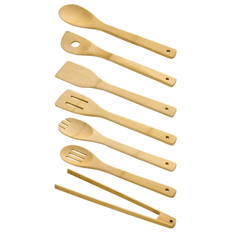 Set 7 utensili da cucina, in contenitore di canna di bambù cm 32