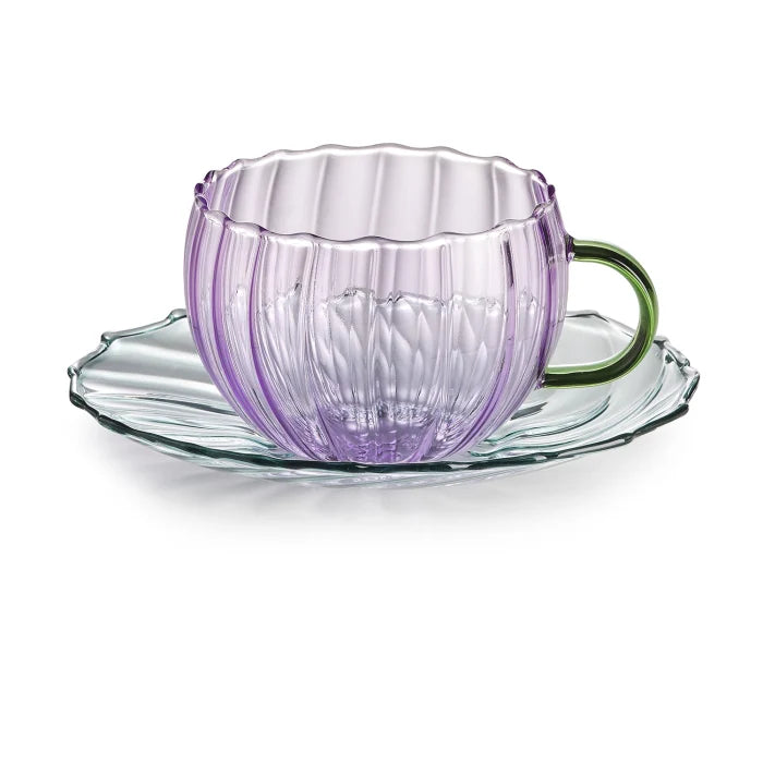 Sahara set 2 tazze te con piattino in vetro borosilicato ametista/verde/turchese