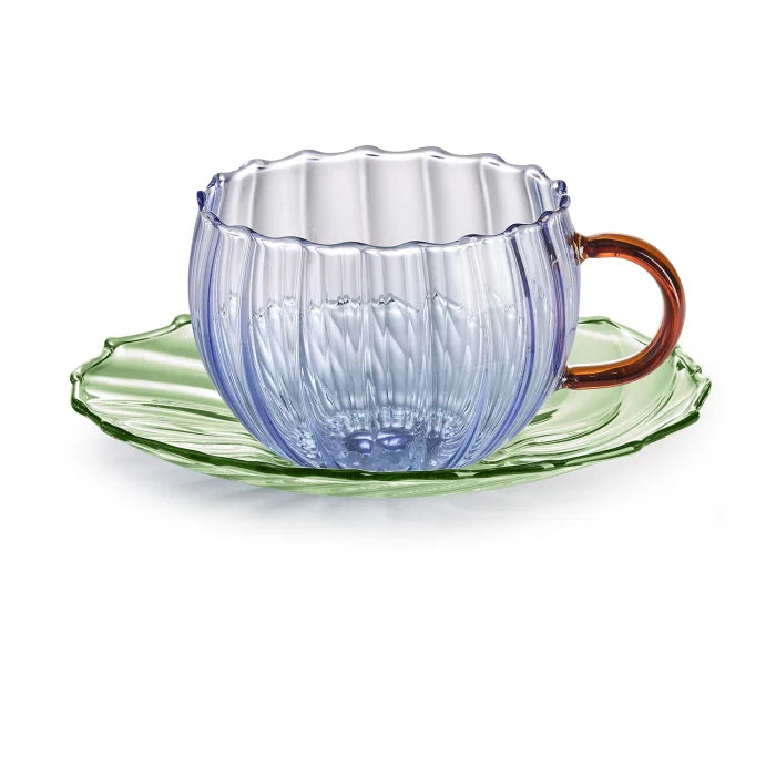 Sahara set 2 tazze te con piattino in vetro borosilicato turchese/ambra/verde