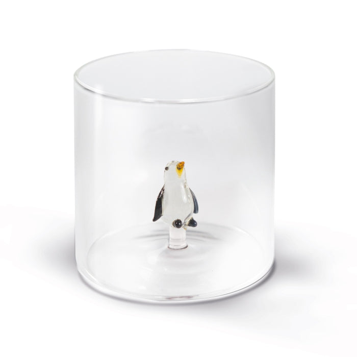 Bicchiere in vetro borosilicato con soggetto in vetro, decoro pinguino