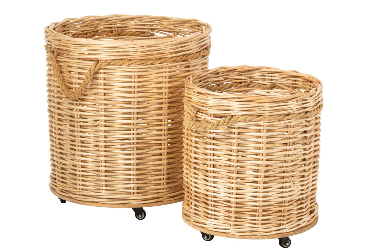JOLIPA - Set Di 2 Portavasi Su Ruote Rotondo Vimini Naturale - 266671