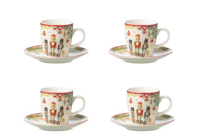 JOLIPA - 4 Tazze Da Cafe + Piattini Schiaccianoci Ceramica Bianco - 49320