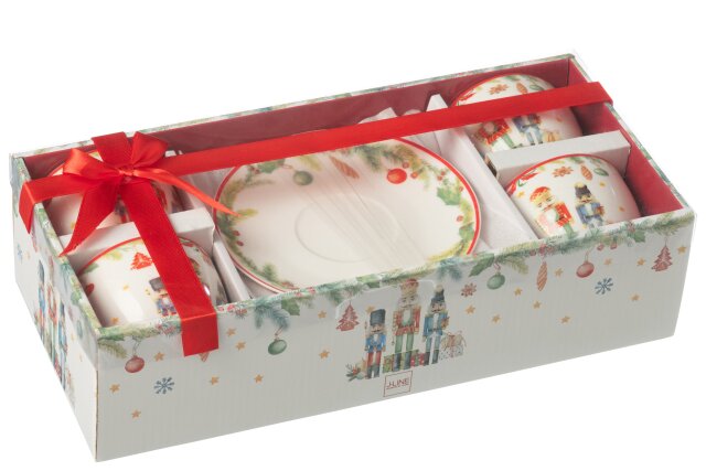 JOLIPA - 4 Tazze Da Te + Piattini Schiaccianoci Ceramica Bianco - 49321