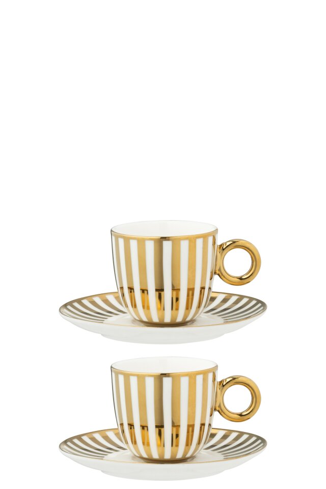 JOLIPA - 2 Tazze + Piattino Rigato Porcellana Oro/Bianco Small - 58918