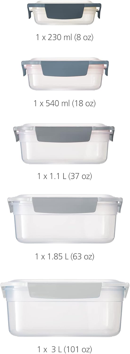 Nest Lock, Set 5PZ Contentiori in Plastica con Coperchio, Ermetici, Salvaspazio