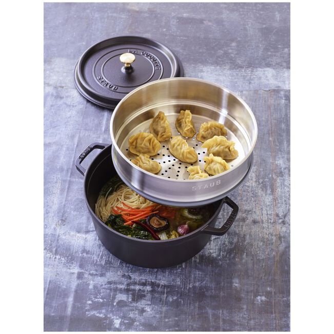 Cocotte con cestello a vapore rotonda - 26 cm, nero