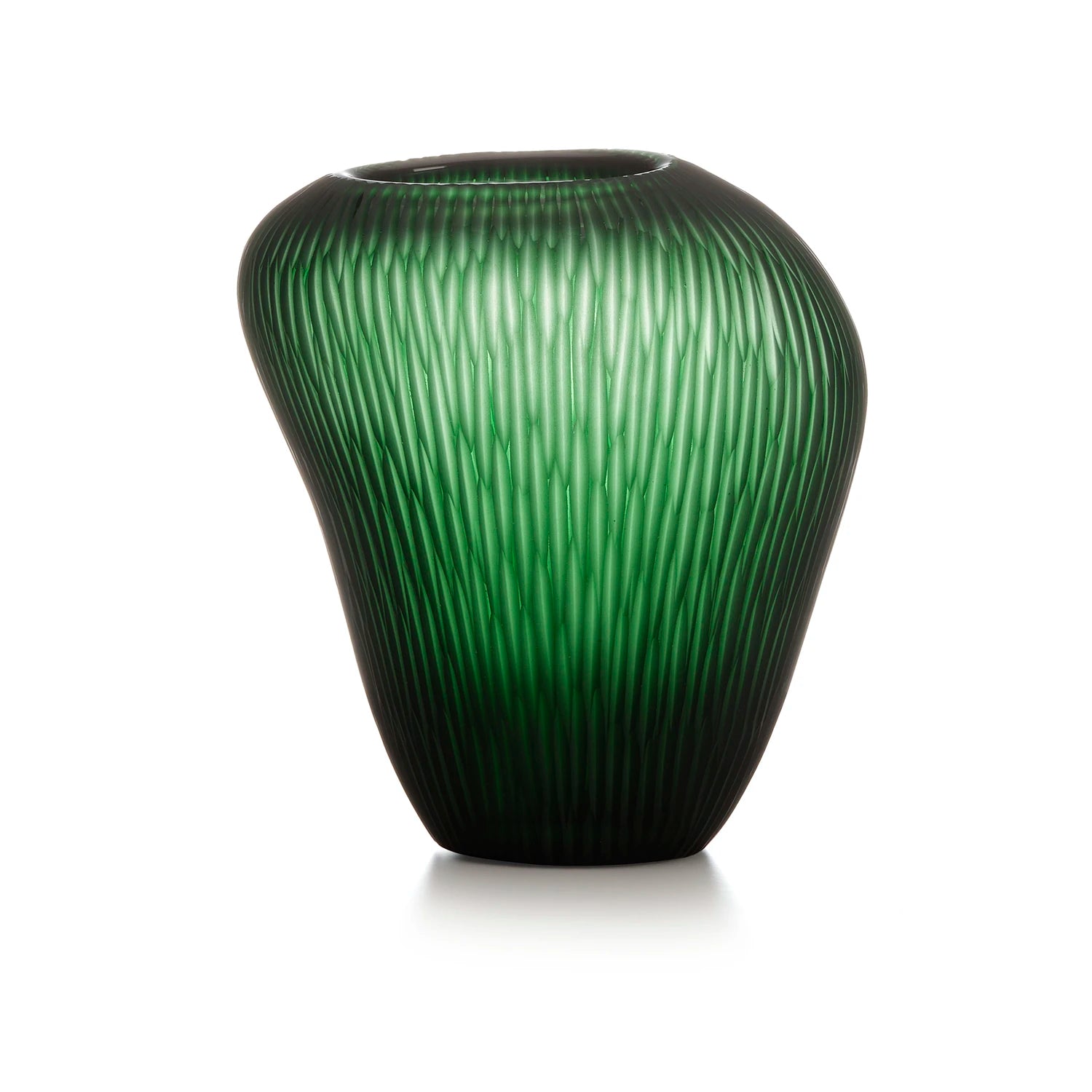 "Carving" Vaso in vetro - H 23 cm / verde satinato con righe molate verticali