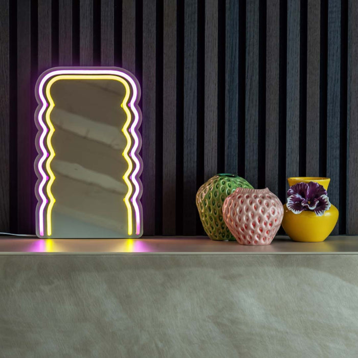 Specchio neon decorativo - decoro onde rosa e giallo - 20x33 cm