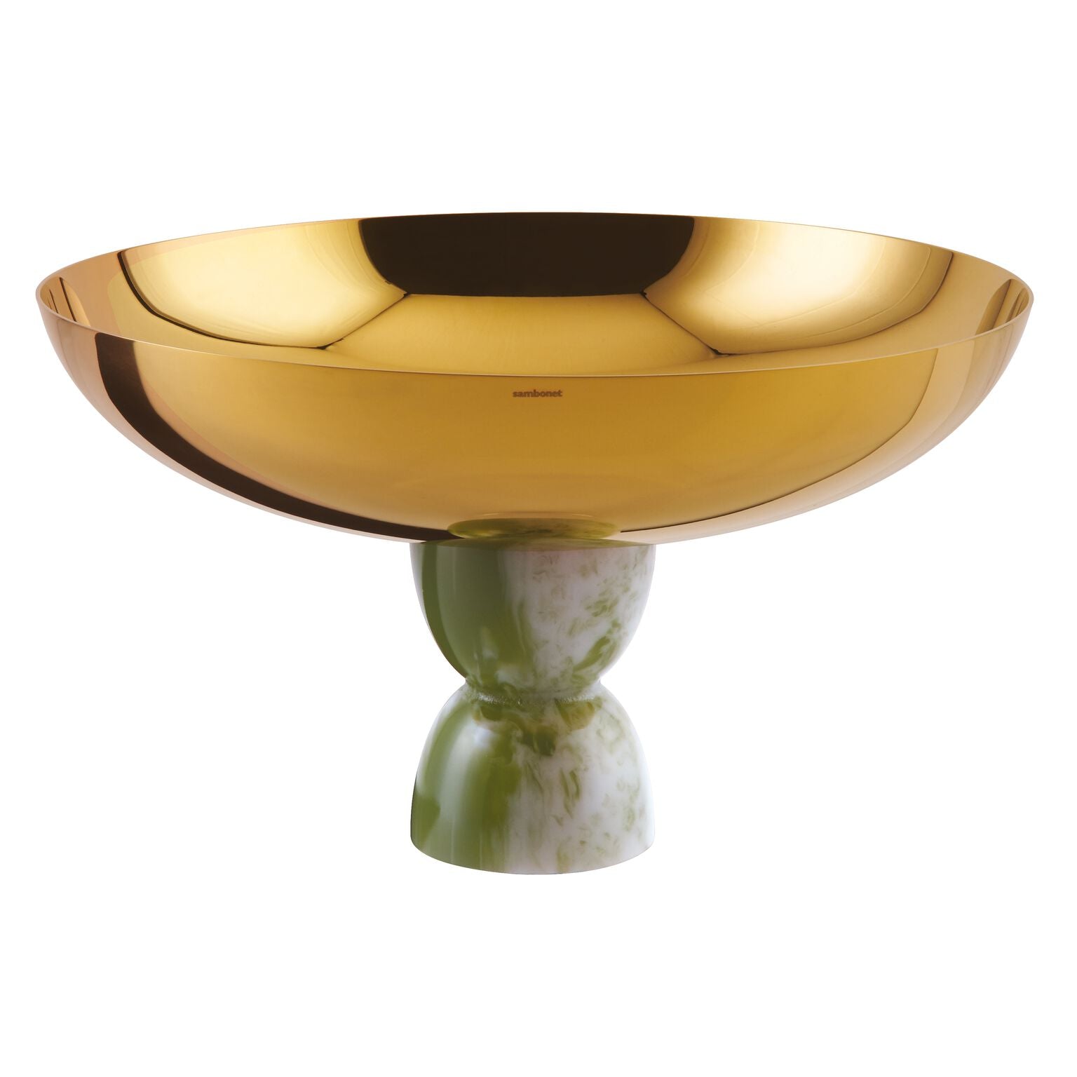 Coppa Con Piede Ø Cm 26 H Cm 15,3 Madame Pvd Gold Base Resina Verde Giada