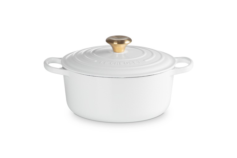 Cocotte rotonda Evolution in ghisa vetrificata - bianca con pomello oro - 24 cm