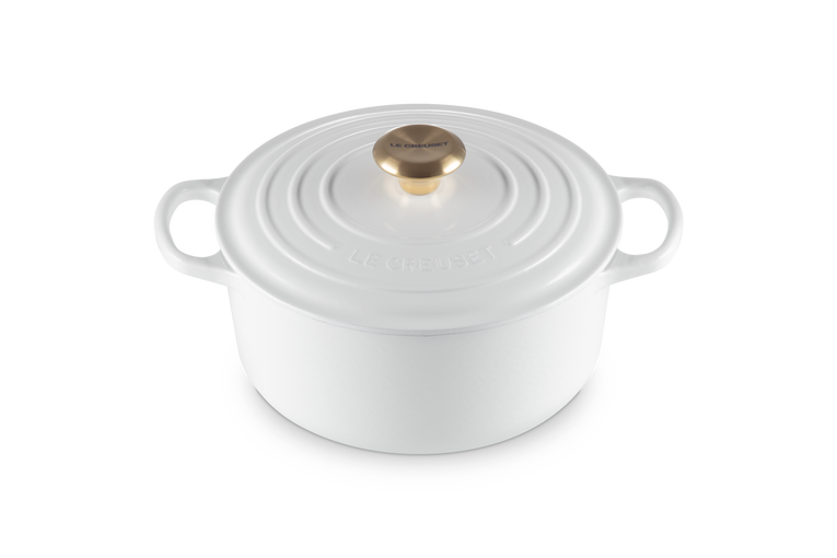 Cocotte rotonda Evolution in ghisa vetrificata - bianca con pomello oro - 24 cm