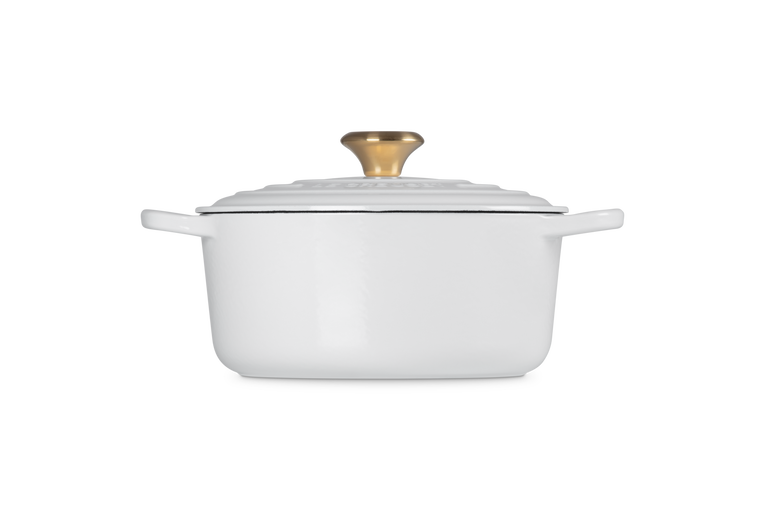 Cocotte rotonda Evolution in ghisa vetrificata - bianca con pomello oro - 24 cm
