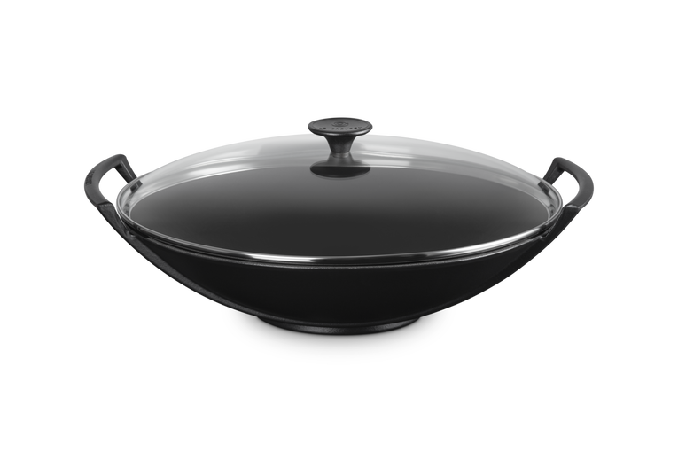 Wok in ghisa vetrificata con coperchio vetro - colore nero matt