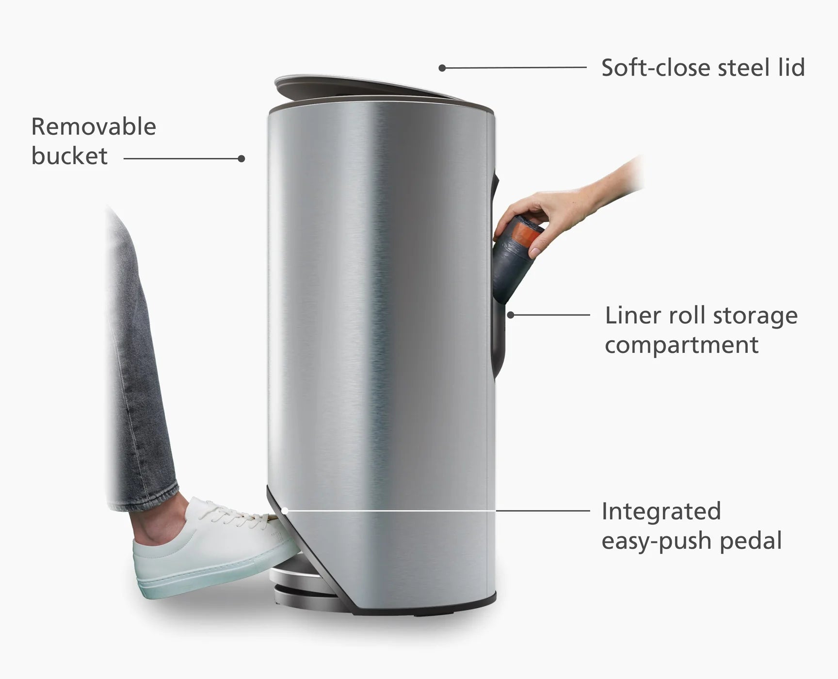 Pattumiera a pedale in acciaio inossidabile Arc™ da 30 litri, facile da sping