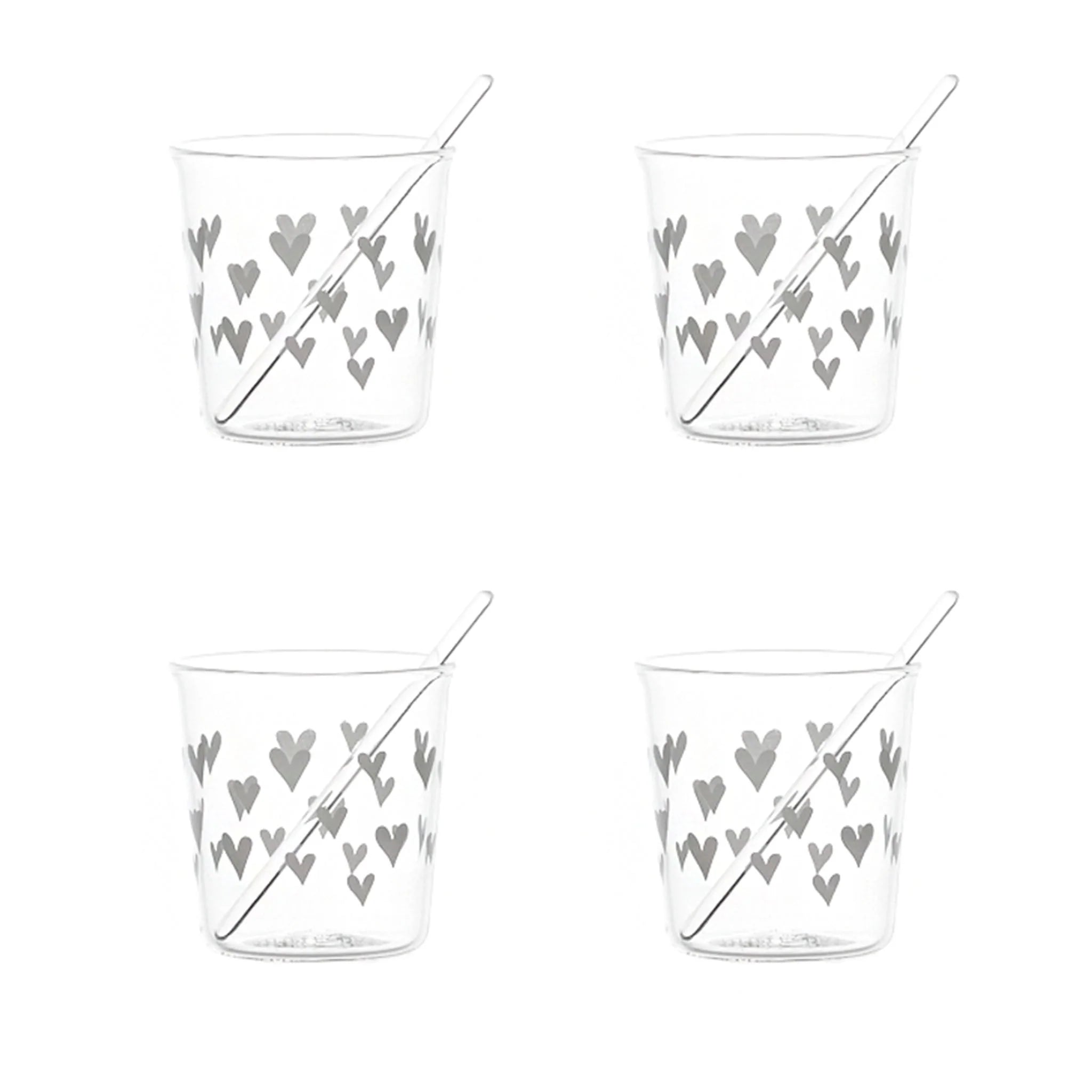 Set vetro 4 bicchierini espresso con 4 Palettine - Cuori in bianco