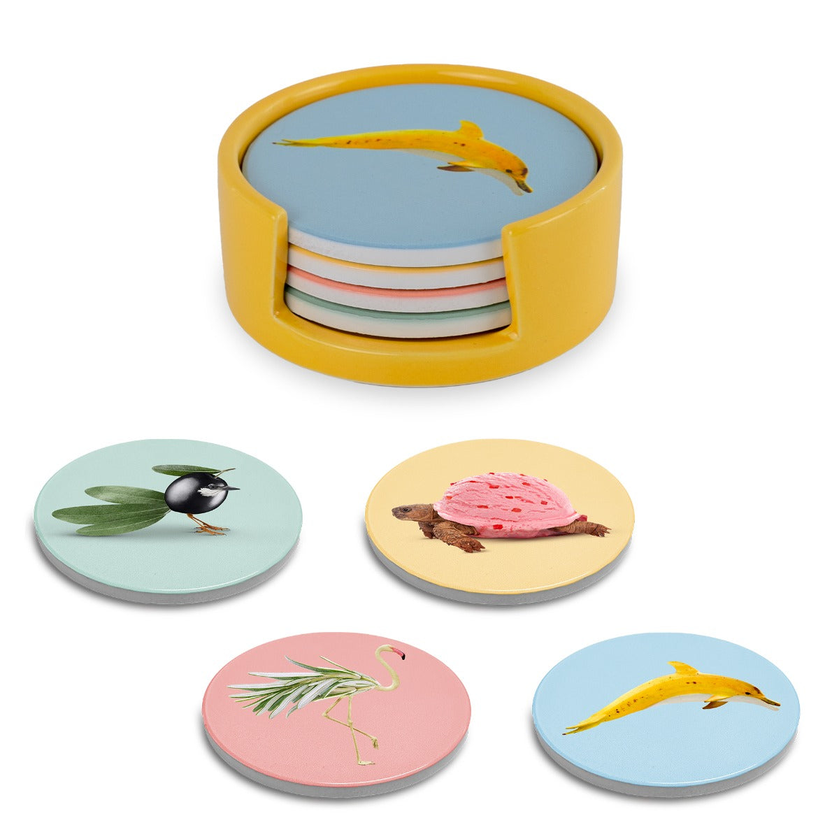 Set 4 sottobicchieri con Contenitore - Ceramica / Decori Assortiti