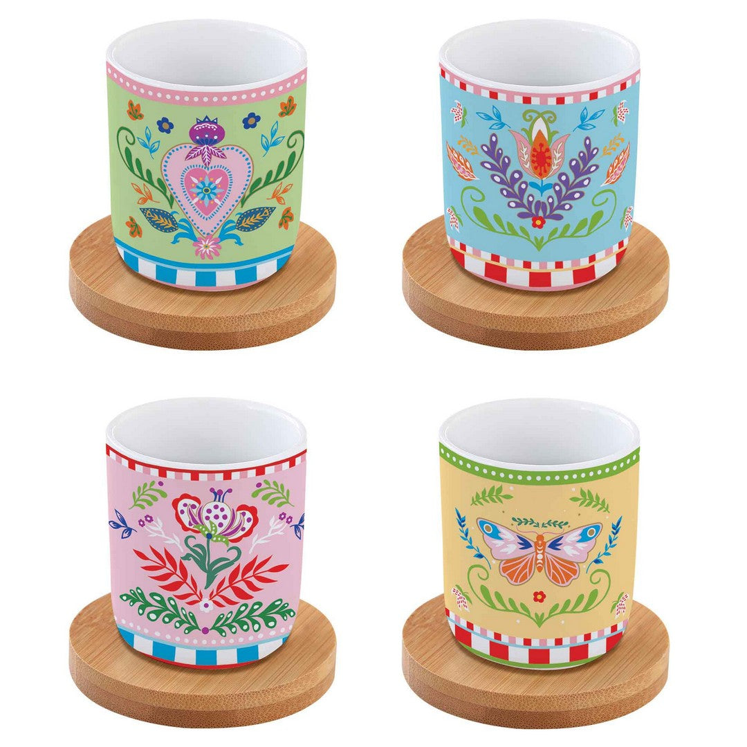 Easy Life Set di 4 tazze da caffè con sottobicchieri in bambù
