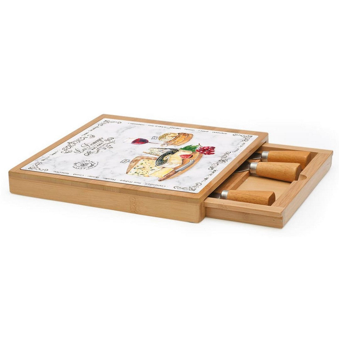 Easy Life set Les Fromages Tagliere in Bamboo e Vetro con 4 Coltelli da Formaggi