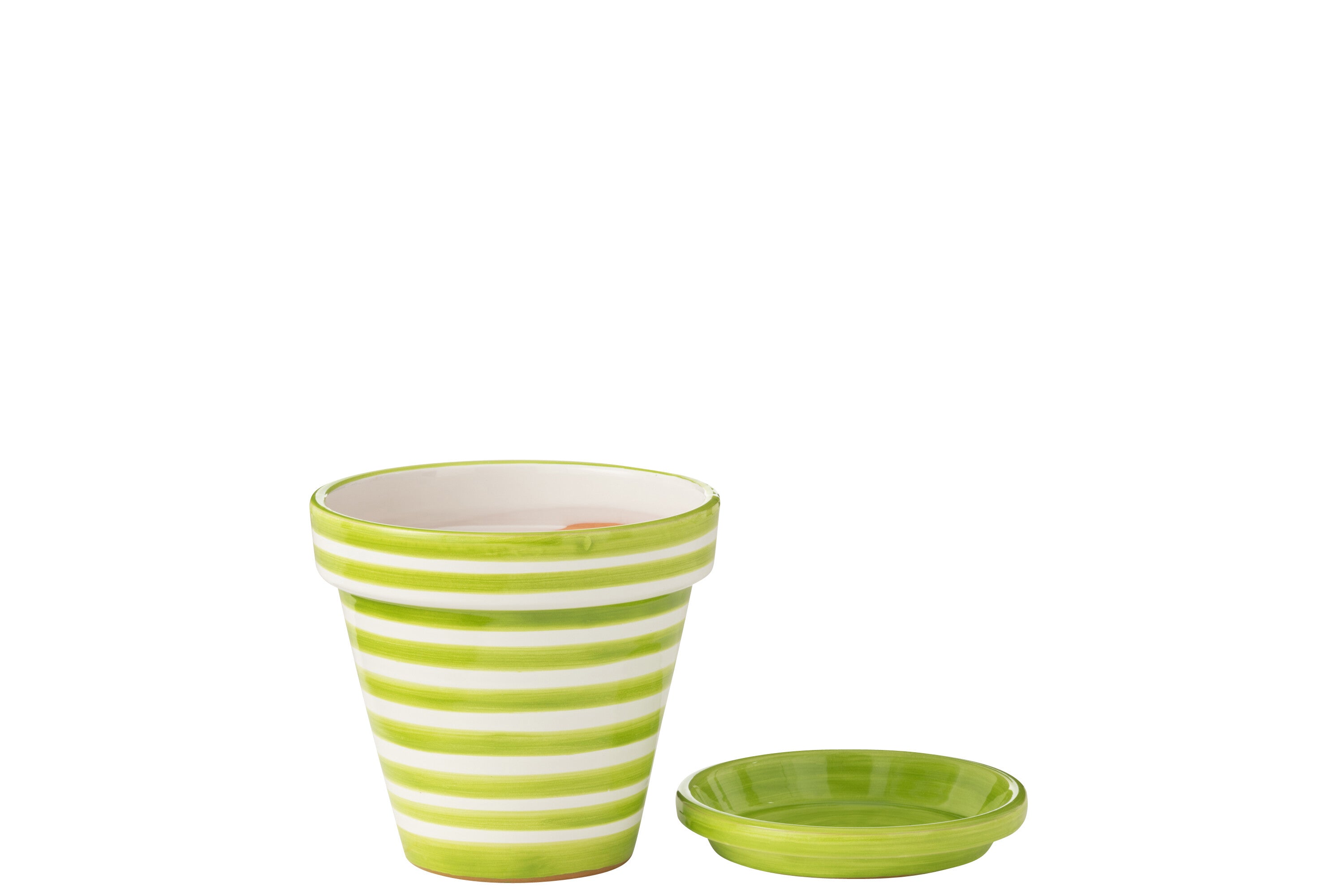 Vaso da fiori + piattino Granada Stripes, ceramica dipinta a mano, verde, M