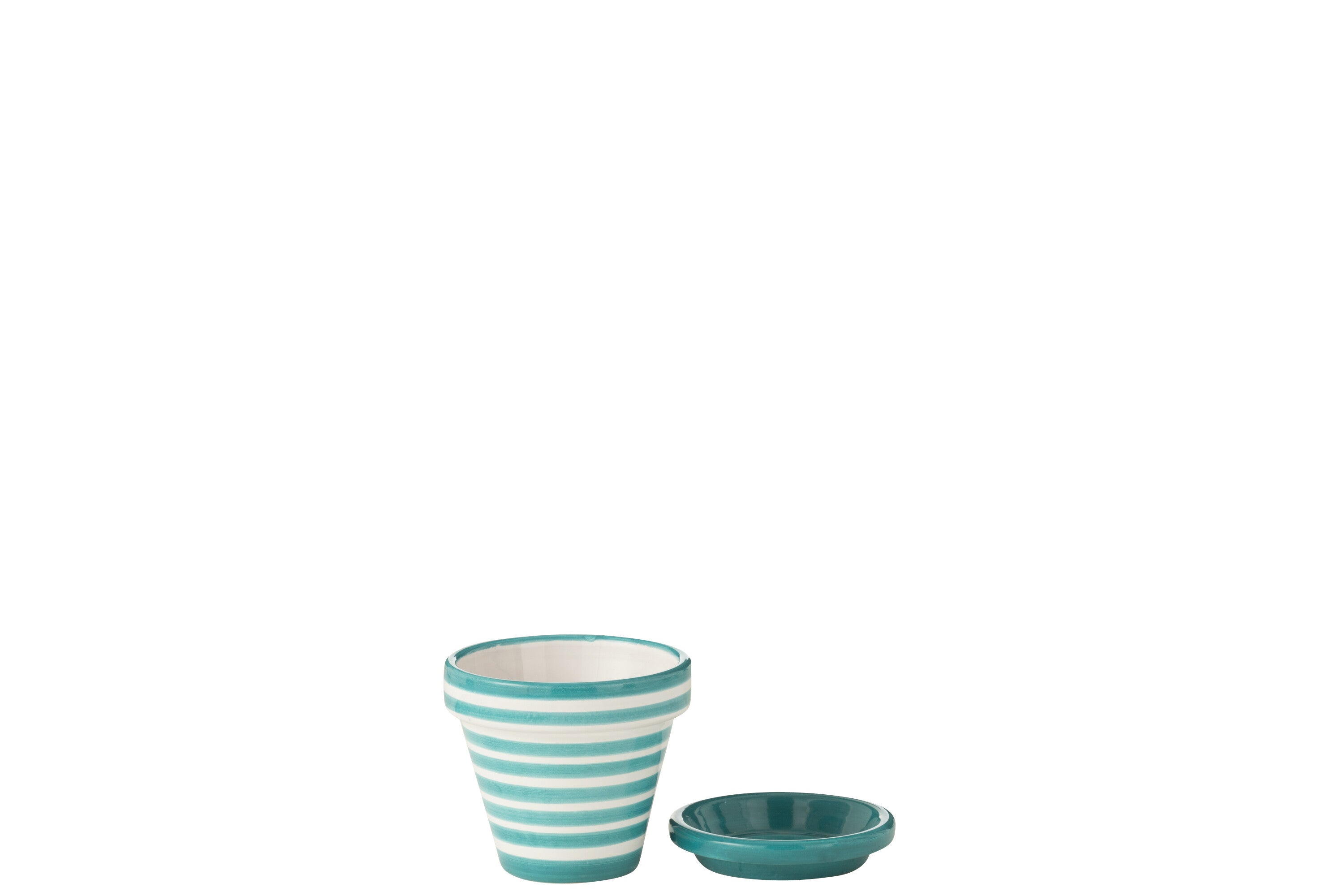 Vaso fiori + piattino Granada Stripes, ceramica dipinta a mano, acquamarina XS
