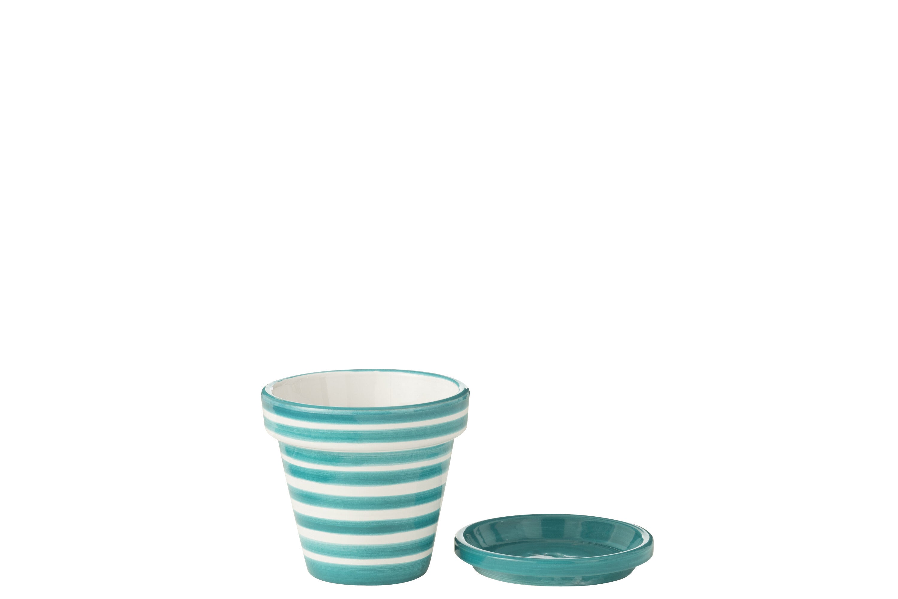 Vaso da fiori + piattino Granada Stripes, ceramica dipinta a mano, acquamarina S
