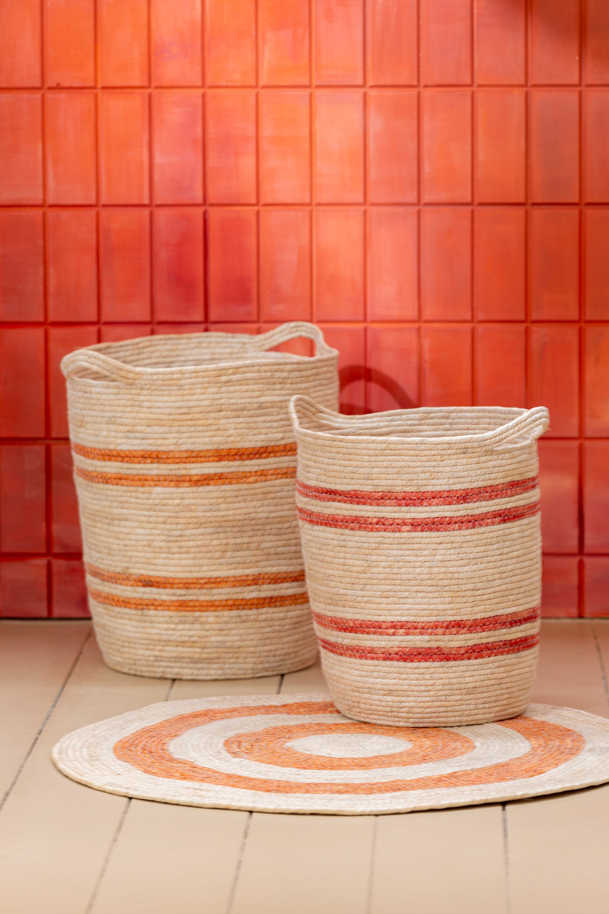 Set 3 Cesti Righe + Manico Mais Naturale/Rosso