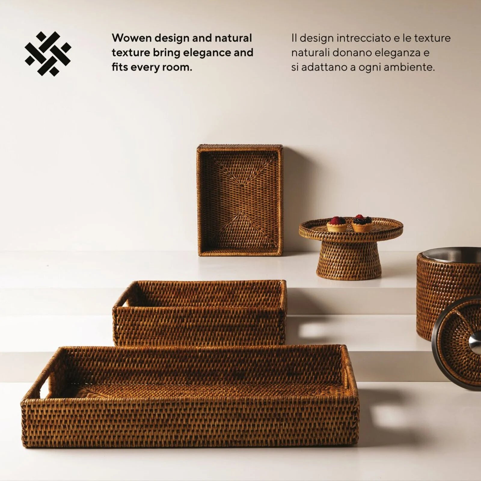 RADICI Vassoio in Rattan Rettangolare - 53,0 cm X 32,5 cm X 8,0 H