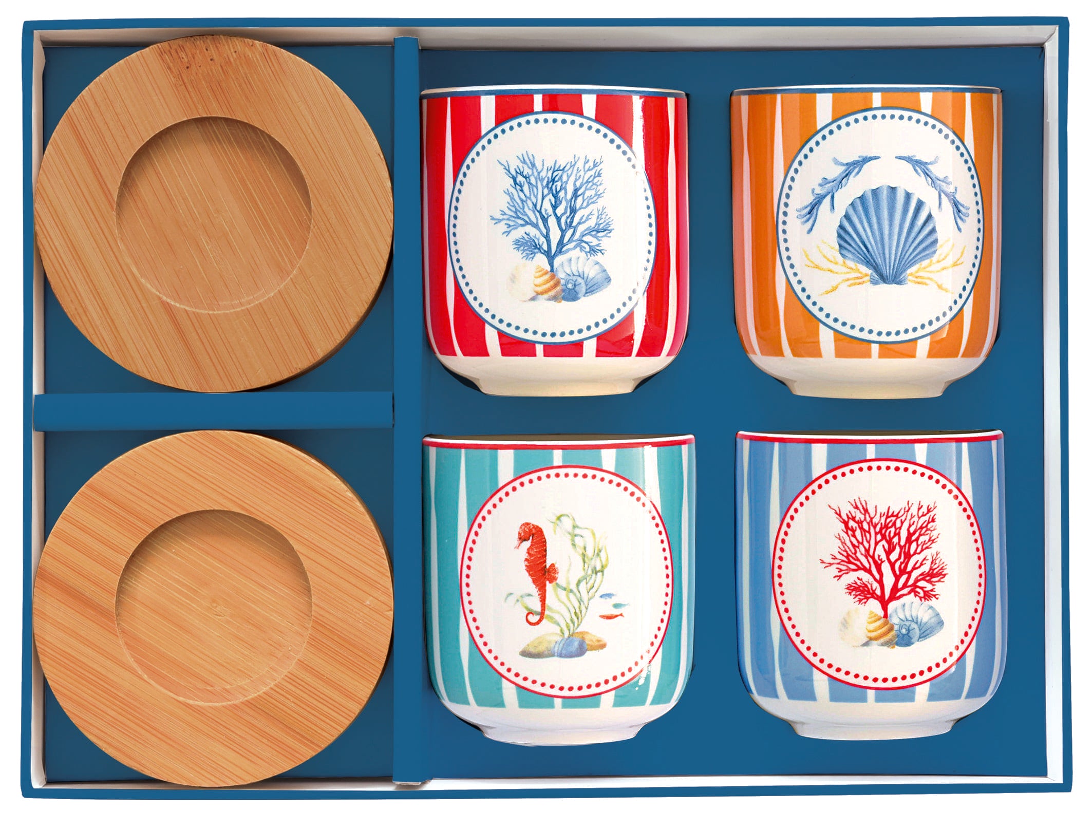 Set 4 bicchierini caffè 110 ml c/piattini in bamboo in gift box SEA BREEZE