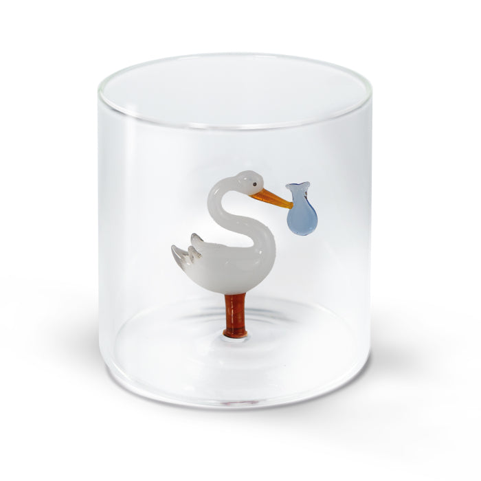 Bicchiere in vetro borosilicato 250 ml. Decoro CICOGNA FAGOTTO BLU.