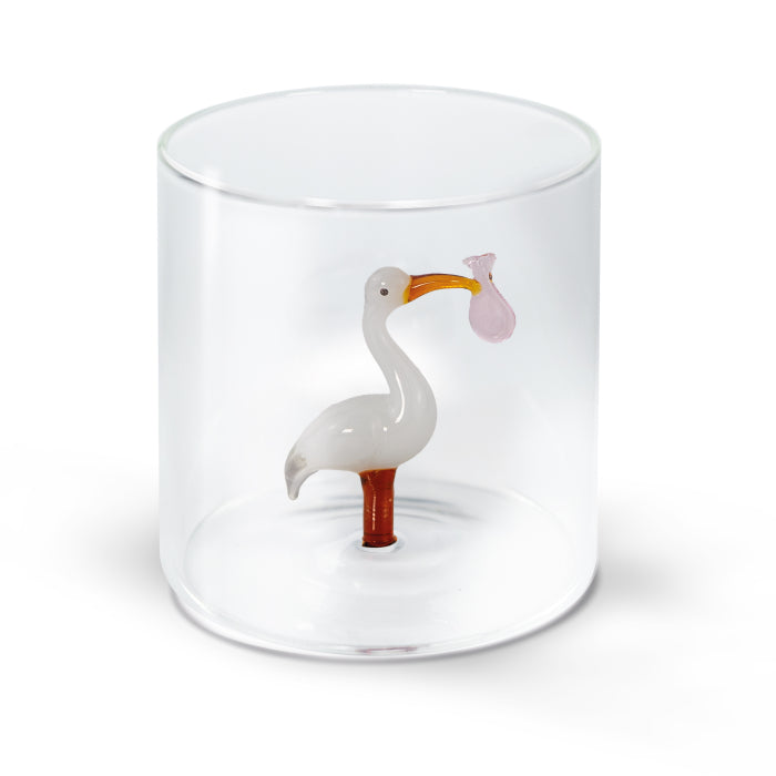 Bicchiere in vetro borosilicato 250 ml. Decoro CICOGNA FAGOTTO ROSA.