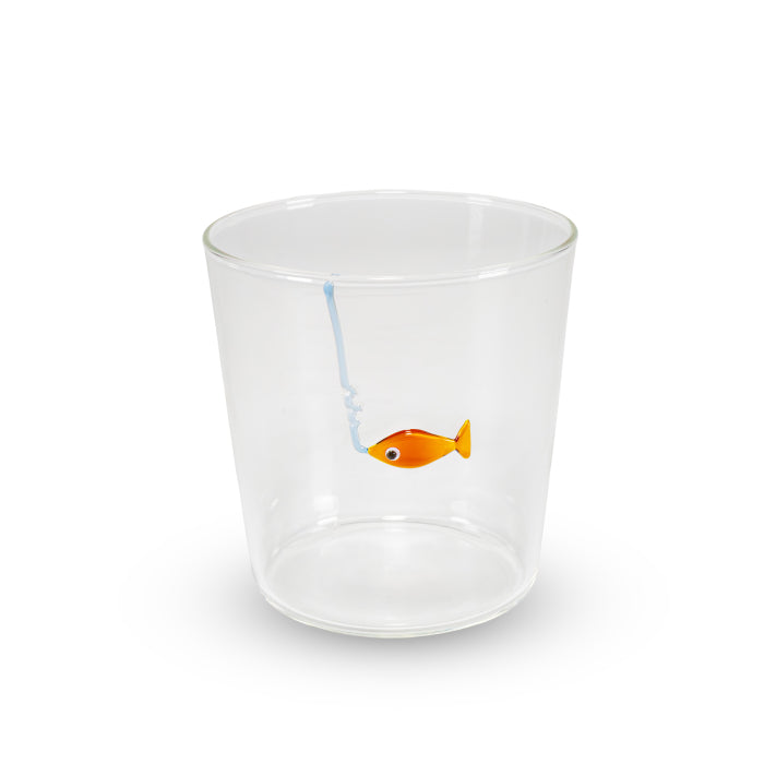 Bicchiere in vetro borosilicato 250 ml. Decoro PESCE CON AMO.