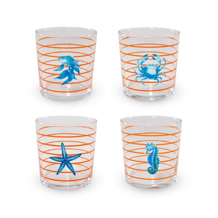 Set 4 bicchieri in vetro decorati 300 ml. Decoro MARE ARANCIONE.
