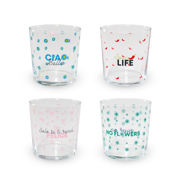 Set 4 bicchieri in vetro decorati 300 ml. Decoro SCRITTE.