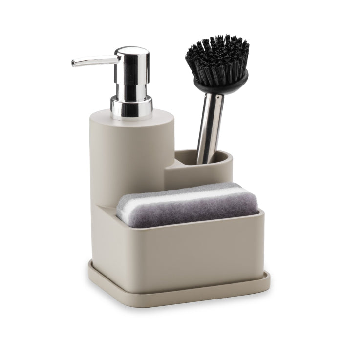 Contenitore sapone, spugna e spazzola in resina. Colore BEIGE.