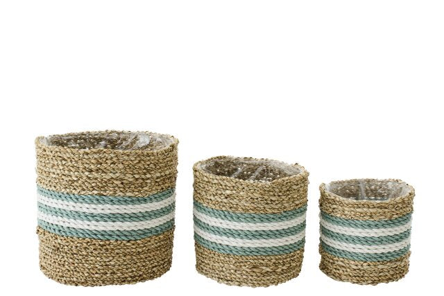 Set Di 3 Portavasi Rigato Giunco Di Mare Naturale/Turchese