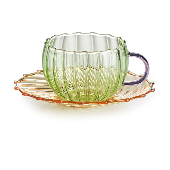 Sahara set 2 tazze te con piattino in vetro borosilicato verde/ametista/ambra