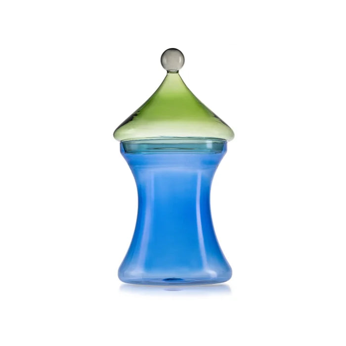 Gli Scacchi contenitore vetro borosilicato blu con coperchio verde felce e grigi