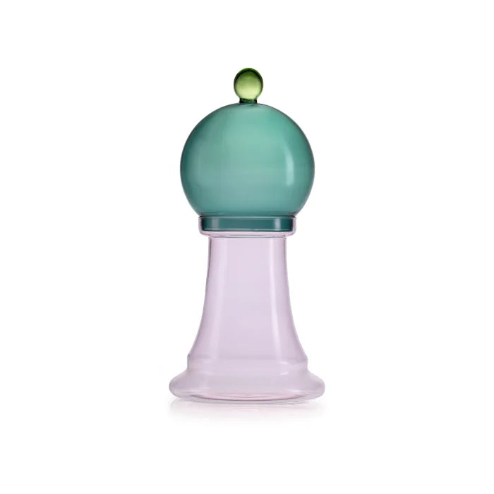 Gli Scacchi contenitore vetro borosilicato rosa con coperchio verde pavone e ver