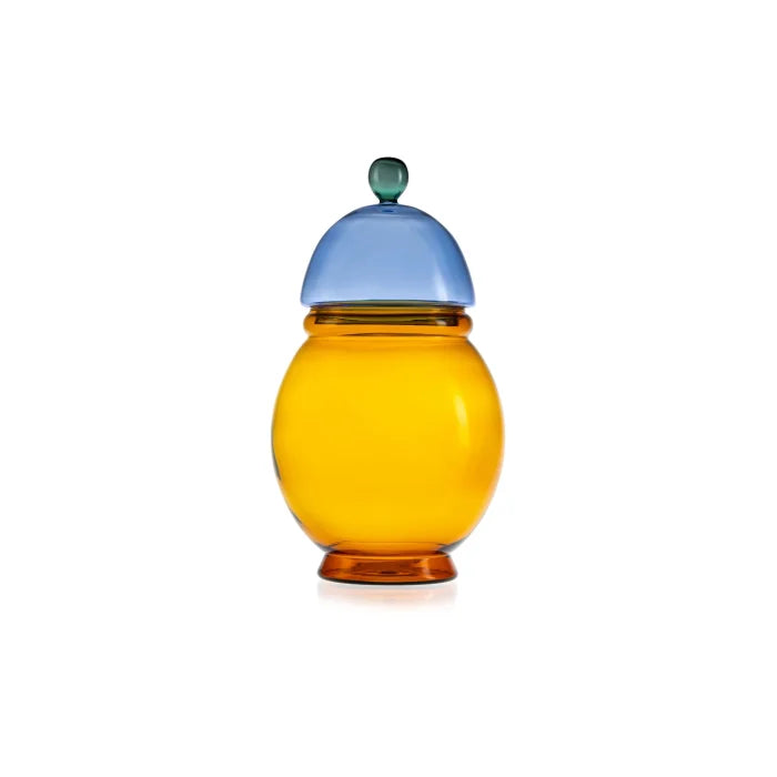 Gli Scacchi contenitore vetro borosilicato ambra con coperchio blu e pomello ver
