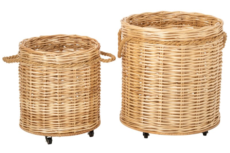 JOLIPA - Set Di 2 Portavasi Su Ruote Rotondo Vimini Naturale - 266671