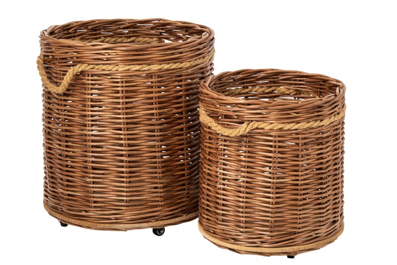 JOLIPA - Set Di 2 Portavasi Su Ruote Rotondo Vimini Naturale/Ruggine - 266685