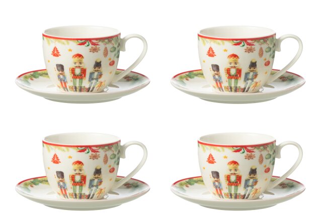JOLIPA - 4 Tazze Da Te + Piattini Schiaccianoci Ceramica Bianco - 49321